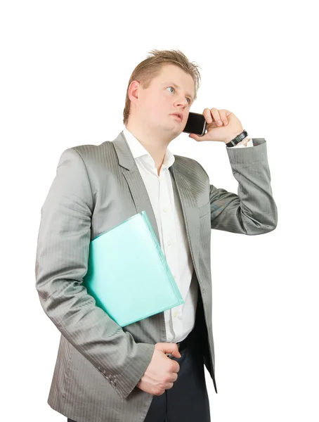 Businessman with documents speaking by mobile — Stock Photo, Image