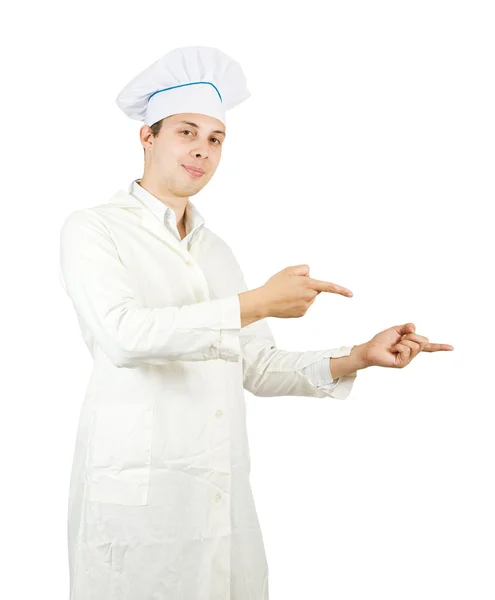 Cook man is pointing — Zdjęcie stockowe