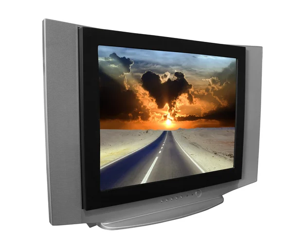 Tv set with road through desert during sunrise — Stock Photo, Image