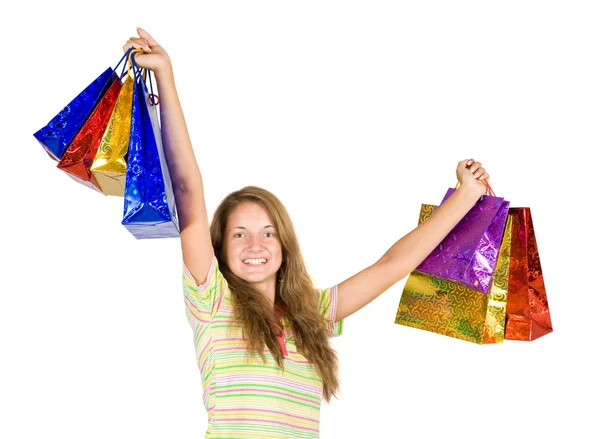 Mooi meisje met shopping tassen — Stockfoto