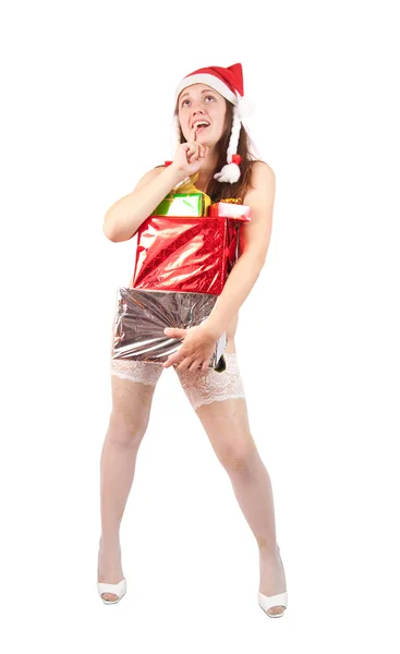 Ωραία κοπέλα που κρατά χρωματιστά εορταστική boxis — Φωτογραφία Αρχείου