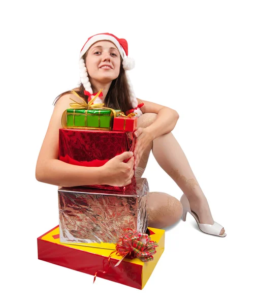 Gelukkig meisje met geschenken geïsoleerd over Wit — Stockfoto