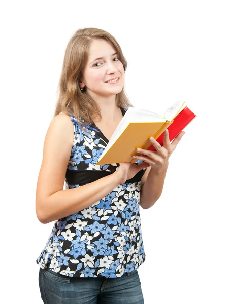Schoolmeisje met boeken, geïsoleerd over Wit — Stockfoto