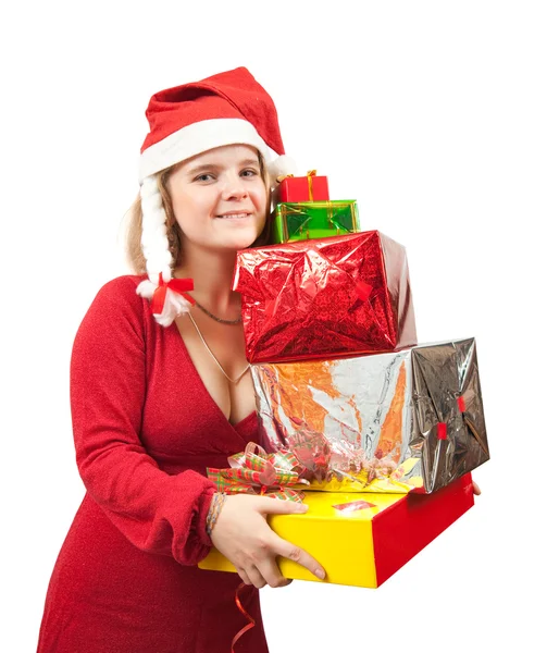 Chica con regalos de Navidad sobre blanco —  Fotos de Stock