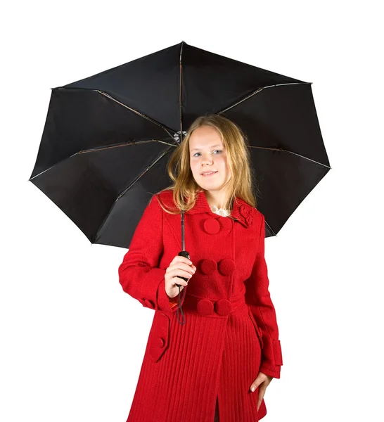 Flicka i mantel med paraply — Stockfoto