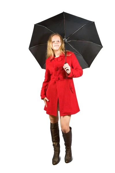 Fille en manteau rouge avec parapluie — Photo