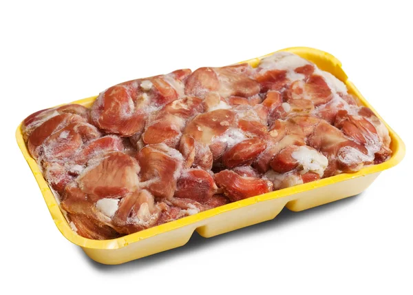 Raw Frozen Chicken Gizzard Plastic Plate Isolated White — Stock Photo, Image