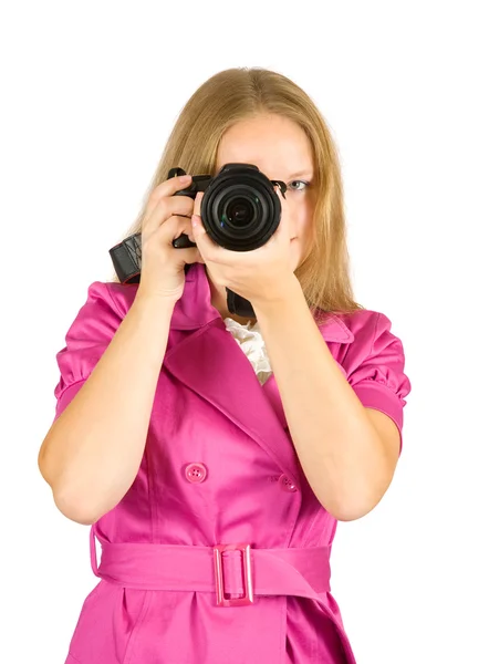 Menina Vestindo Rosa Segurando Câmera Tirar Foto — Fotografia de Stock