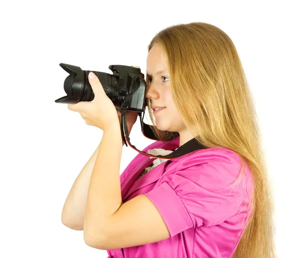 Photographer Girl Camera Isolated White Background — Stock Photo, Image