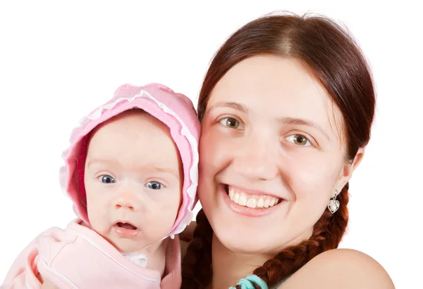 Glückliche Mutter Mit Ihrer Kleinen Tochter Isoliert Über Weiß — Stockfoto