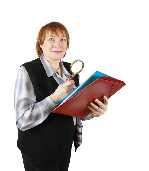 Senior Woman Reading Documents Magnifier Isolated White — Stock Photo, Image