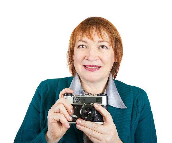 Äldre Kvinna Med Analog Kamera Isolerade Över Vit Bakgrund — Stockfoto