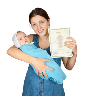 Happy mother with baby and with certificate of birth. Isolated over white background clipart