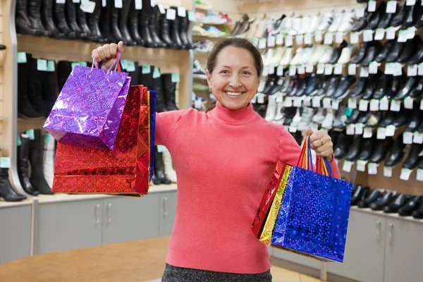 Happy Mature Woman Shopping Bags Shoes Shop — Stock Photo, Image