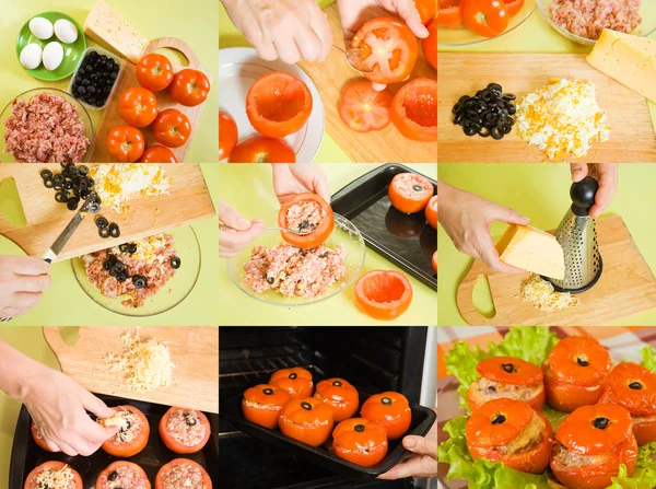 Stages Cooking Stuffed Tomato Home — Stock Photo, Image