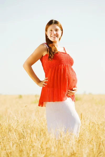 Retrato Mujer Embarazada Meses Campo Verano —  Fotos de Stock