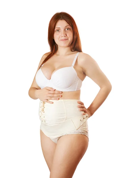 Mulher Grávida Usando Cinto Corporal Isolado Sobre Branco — Fotografia de Stock