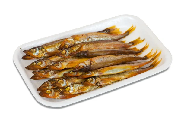 Peixes Secos Com Fumo Dourado Placa Plástico Isolado Branco — Fotografia de Stock