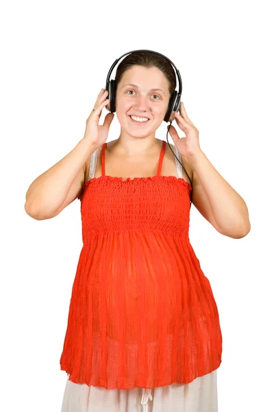 Słodkie Kobieta Ciąży Słuchanie Muzyki Słuchawkami — Zdjęcie stockowe