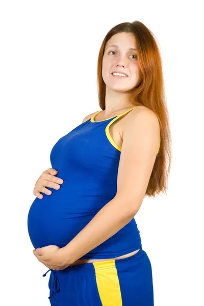Portret Van Gelukkig Zwangere Vrouw Met Haar Buik Witte Achtergrond — Stockfoto