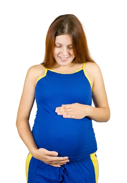 Retrato Mujer Embarazada Mirando Vientre Sobre Blanco —  Fotos de Stock