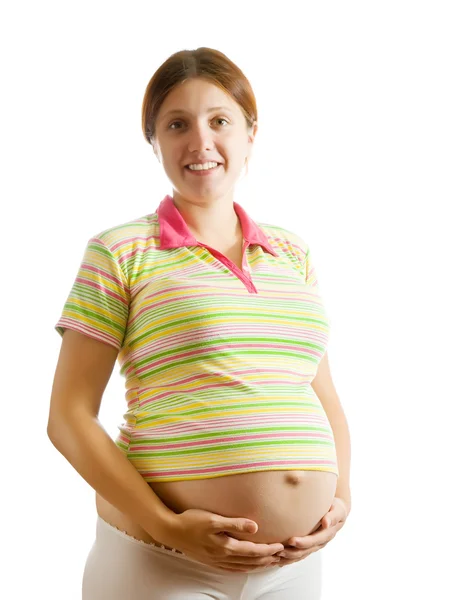 Portret Van Gelukkig Zwangere Vrouw Witte Achtergrond — Stockfoto