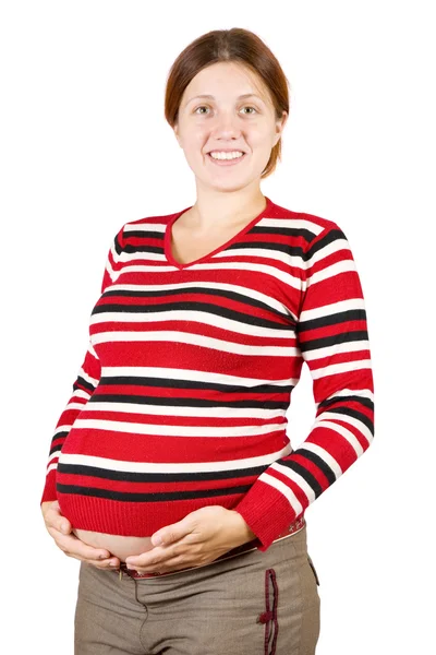 Happy pregnant woman holding her tummy — Stock Photo, Image