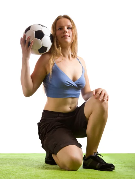 Prachtige Blond Meisje Poseren Met Voetbal — Stockfoto