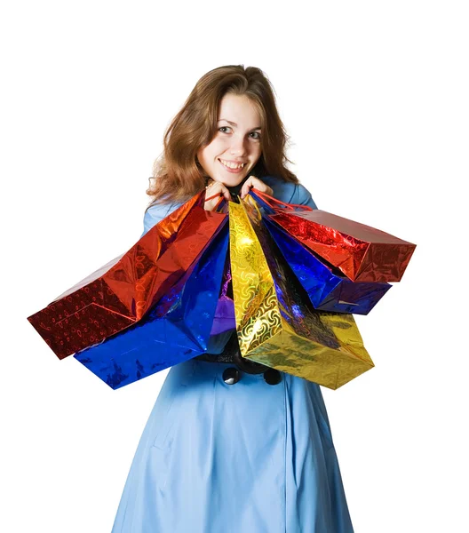 Menina Segurando Sacos Compras Isolado Comprimento Total Sobre Fundo Branco — Fotografia de Stock