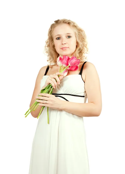 Schoonheid Meisje Met Tulpen Geïsoleerd Witte Achtergrond — Stockfoto