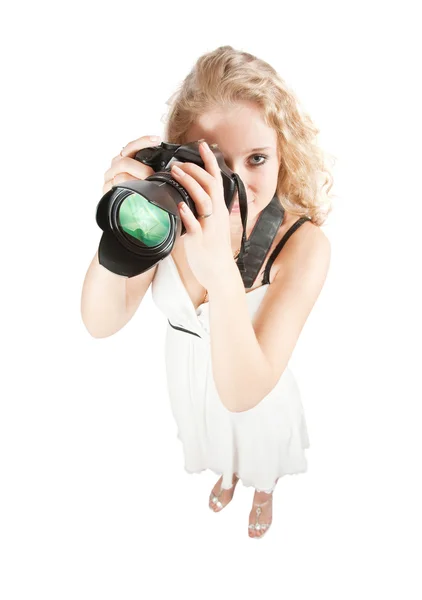 Bovenaanzicht van meisje met camera — Stockfoto
