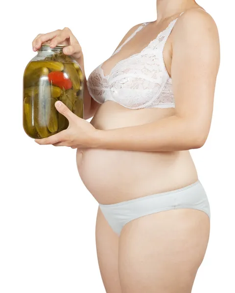 Salamura Ürünler Ile Hamile Bir Kadın Beyaz Bitti Izole — Stok fotoğraf