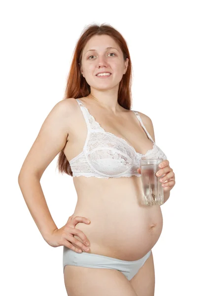 Retrato Mulher Grávida Com Vidro Água Fundo Branco — Fotografia de Stock