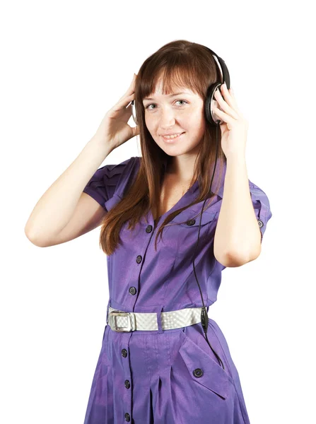 Menina Feliz Ouvir Música Fones Ouvido Isolado Sobre Branco — Fotografia de Stock