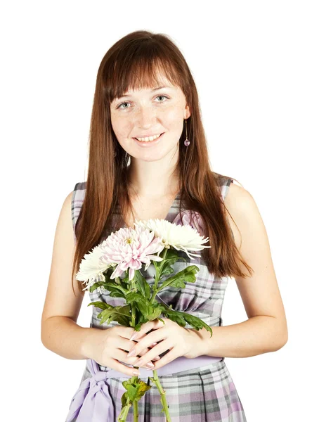 Chica Belleza Con Crisantemos Aislado Sobre Fondo Blanco — Foto de Stock