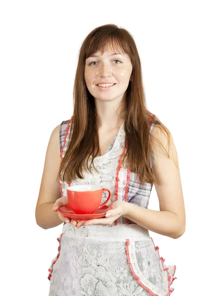 Menina Sorridente Com Xícara Chá Isolado Sobre Fundo Branco — Fotografia de Stock