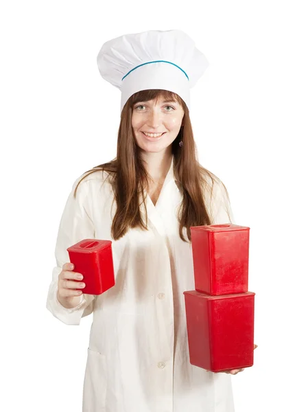 Portrait Female Cook Red Plastic Packages White — Stock Photo, Image