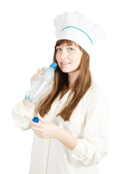 Female Cook Plastic Bottle Water — Stock Photo, Image