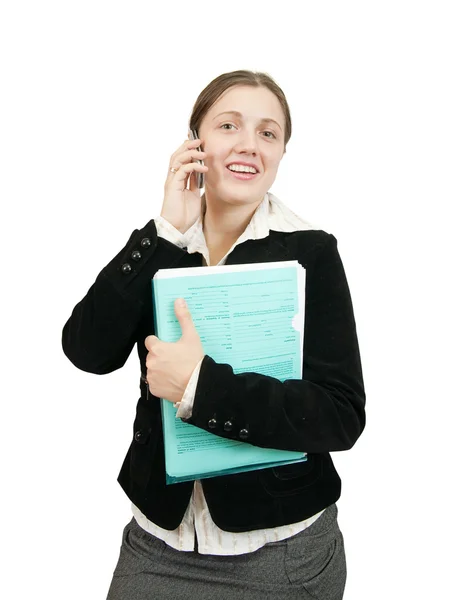 Деловая Женщина Документами Говорящими Мобильному Телефону Белом — стоковое фото