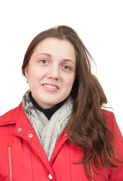 Porträt Eines Langhaarigen Mädchens Roter Jacke Über Weißem Hintergrund — Stockfoto