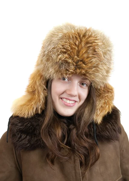 Long Haired Young Woman Fox Cap White — Stock Photo, Image