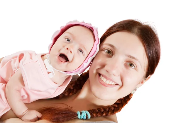 Mãe Feliz Com Seu Bebé Isolado Sobre Branco — Fotografia de Stock