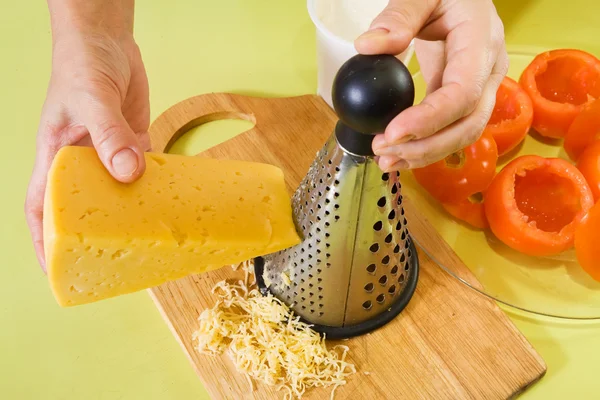 Closeup Cook Grating Cheese See Series Stages Cooking Stuffed Tomato — Stock Photo, Image