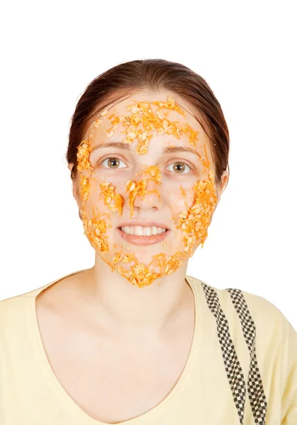 Woman Making Bio Face Pack Carrot Oatmeal Egg Yolk — Stock Photo, Image