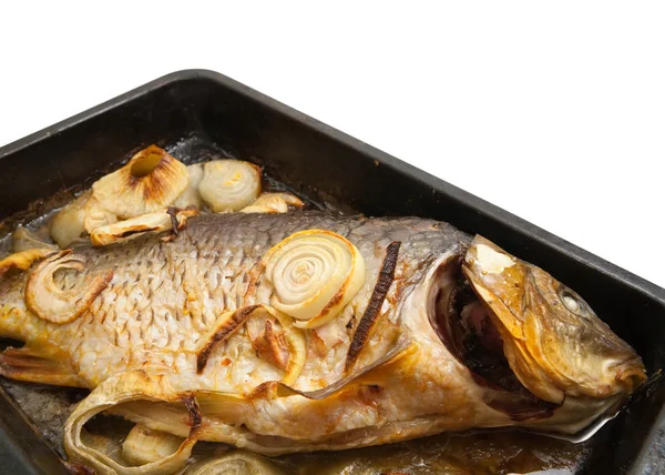 Ψάρι ψητό κυπρίνο σε το ταψάκι πάνω από λευκό — Φωτογραφία Αρχείου