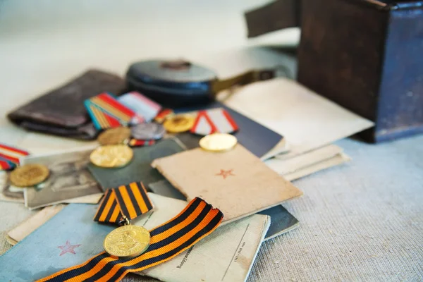 Documentos Antiguos Del Ejército Medallas Militares Soviéticas Segunda Guerra Mundial —  Fotos de Stock