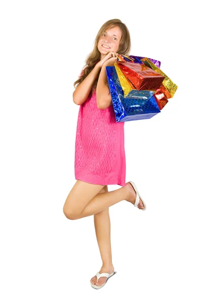 Menina Adolescente Feliz Segurando Sacos Compras Isolado Sobre Fundo Branco — Fotografia de Stock