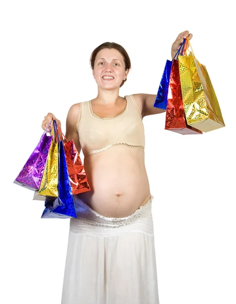Pregnant Woman Shopping Bags Isolated Clipping Path — Stock Photo, Image