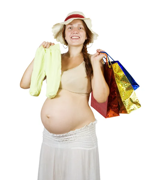 Έγκυος Γυναίκα Τσάντες Αγορών Και Μωρά Φθορά Πάνω Από Λευκό — Φωτογραφία Αρχείου