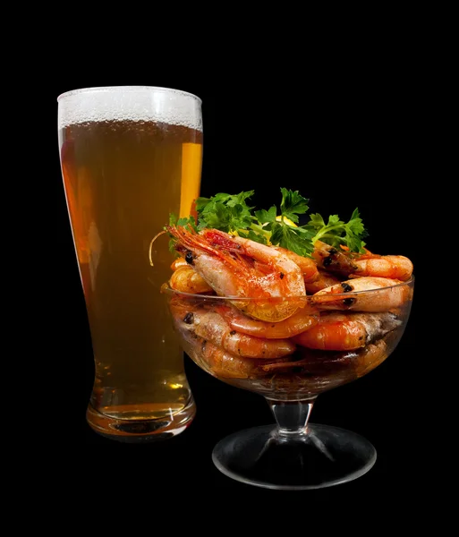 Fried prawns and beer — Stock Photo, Image
